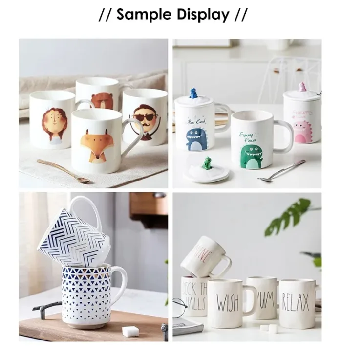 Mugs personnalisés avec des designs variés - résultats obtenus par presse à chaud ST-110