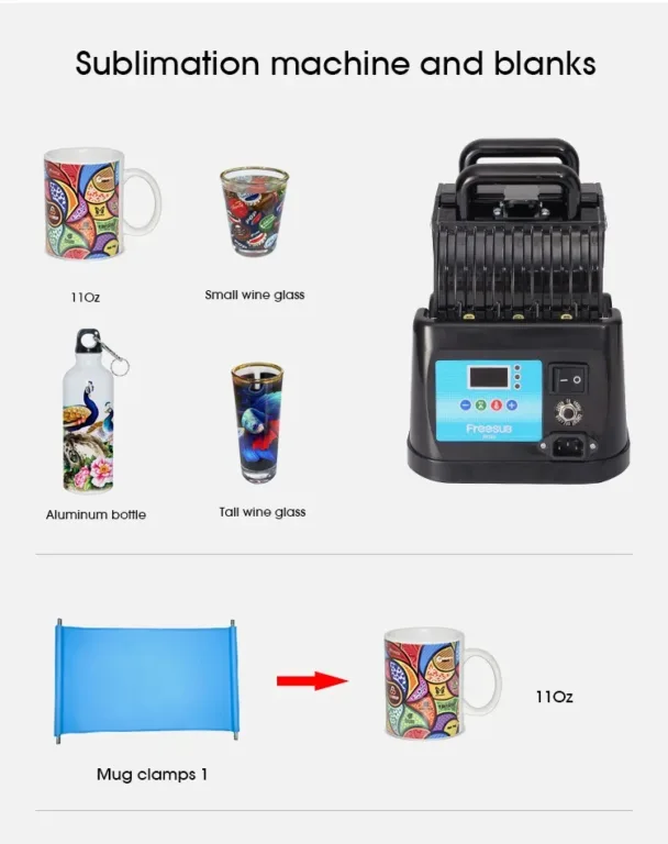 Machine de sublimation P-6100 avec exemples de mugs, verres à vin et bouteilles en aluminium personnalisés.