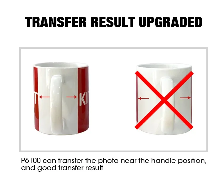 Comparaison du résultat de transfert d’image sur une tasse avec la presse à mug P-6100, montrant la capacité d’impression proche de la poignée.