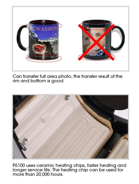 Presse à mug P-6100 montrant une sublimation réussie sur toute la surface de la tasse, y compris le bord et le bas, accompagnée d’un élément chauffant en céramique à longue durée de vie.