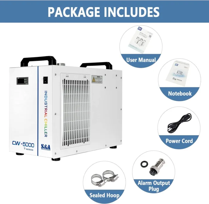 Contenu de l'emballage du chiller CW-5000 avec accessoires et manuel d'utilisatio