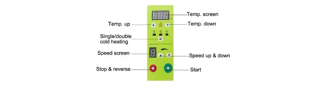 Control panel of the L-388 laminating machine with labeled functions for temperature, speed, and heating modes