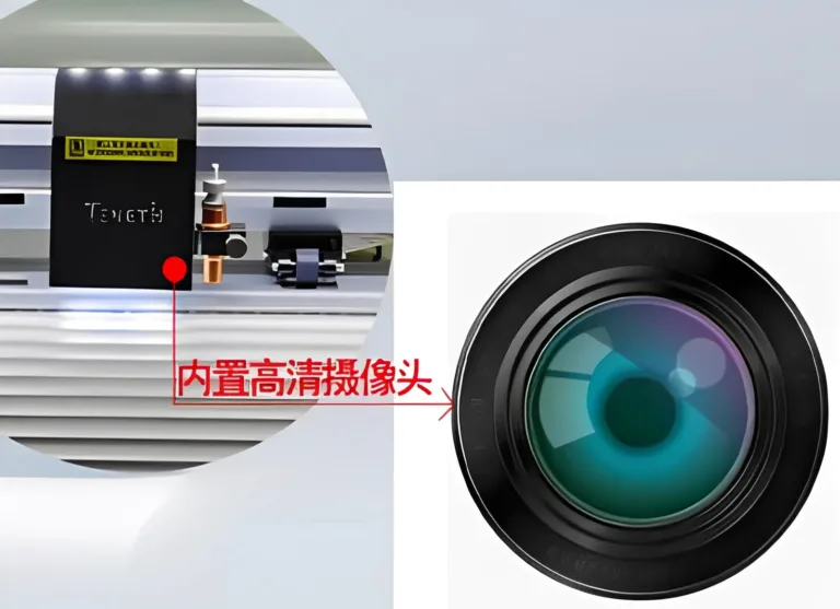 Zoom sur la machine de découpe Teneth avec lentille de caméra haute définition.