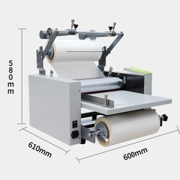 Plastifieuse à rouleaux SG-L381 montrant les dimensions du produit et les rouleaux de plastification en fonctionnement pour des résultats de plastification de qualité