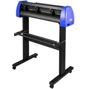 Machine de découpe vinyle KI-720 avec capots latéraux bleus sur support à roulettes