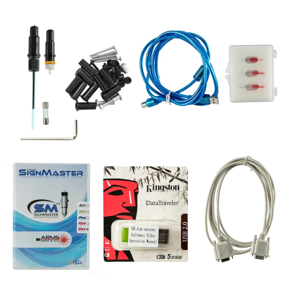 Accessoires inclus avec la machine KH-720 mm – lames, câbles, logiciel SignMaster, clé USB, fusible