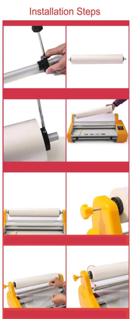 Étapes d'installation de la plastifieuse FM-3520 montrant le processus d'installation des rouleaux et du fonctionnement