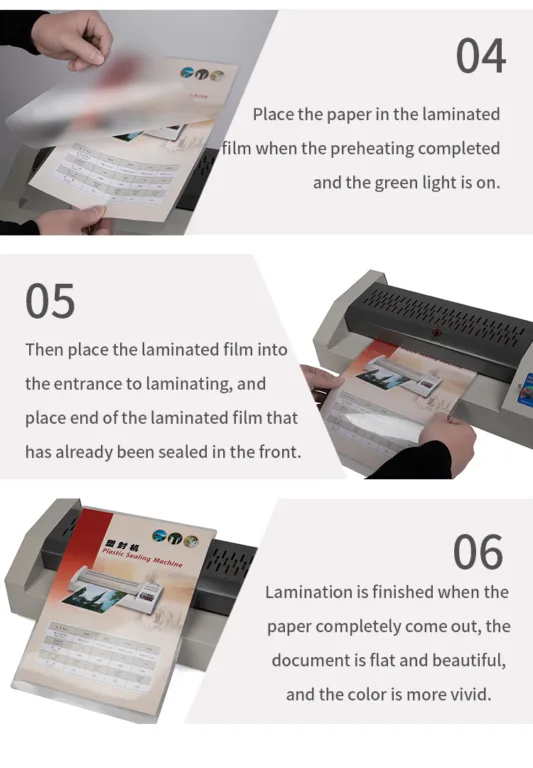 Étapes d'opération de la Plastifieuse YT-330C montrant l'insertion du document dans le film laminé et le processus de laminage terminé