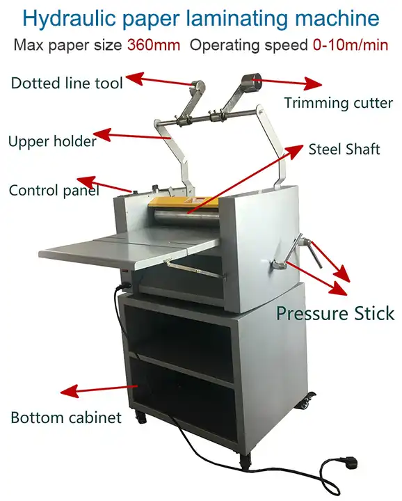 Machine de laminage hydraulique pour papier avec des éléments détaillés comme le panneau de contrôle et la barre en acier