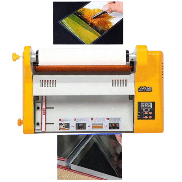 Plastifieuse FM-3520 avec visuels d'utilisation, montrant le processus de plastification et l'écran de contrôle