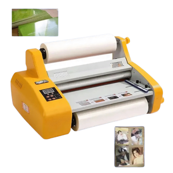 Plastifieuse FM-3520 avec visuels d'utilisation montrant des documents plastifiés