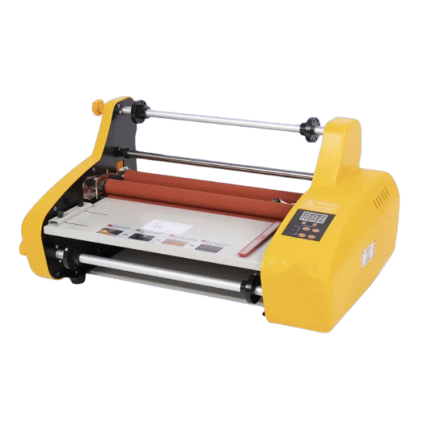 Plastifieuse FM-3810 vue de côté avec rouleaux chauffants et écran numérique intégré