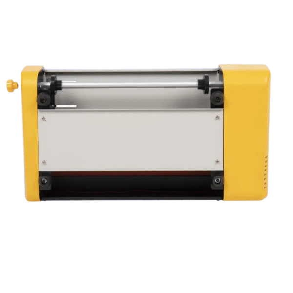 Vue arrière de la plastifieuse FM-3810 avec rouleaux visibles et capot de protection