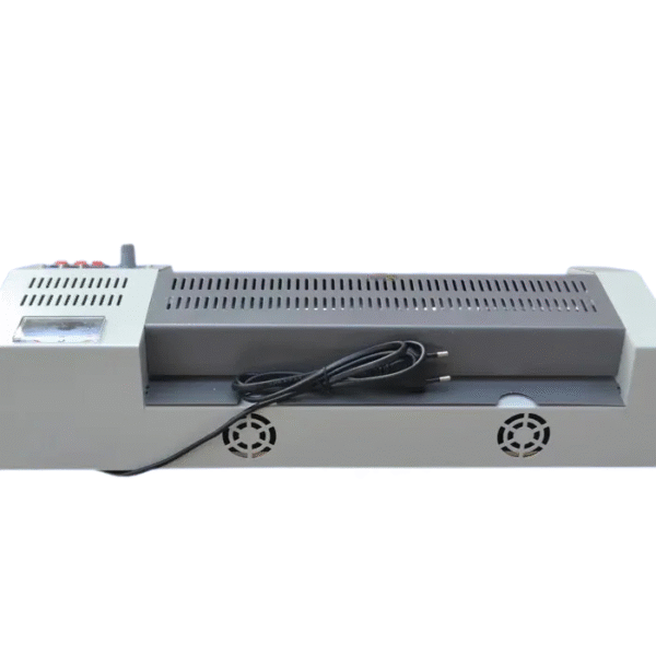 Vue latérale de la Plastifieuse YT-330C avec cordon d'alimentation et ventilateurs visibles