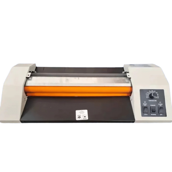 Plastifieuse YT-330E avec rouleau chauffant orange et contrôle de température ajustable, idéale pour la plastification à chaud et à froid