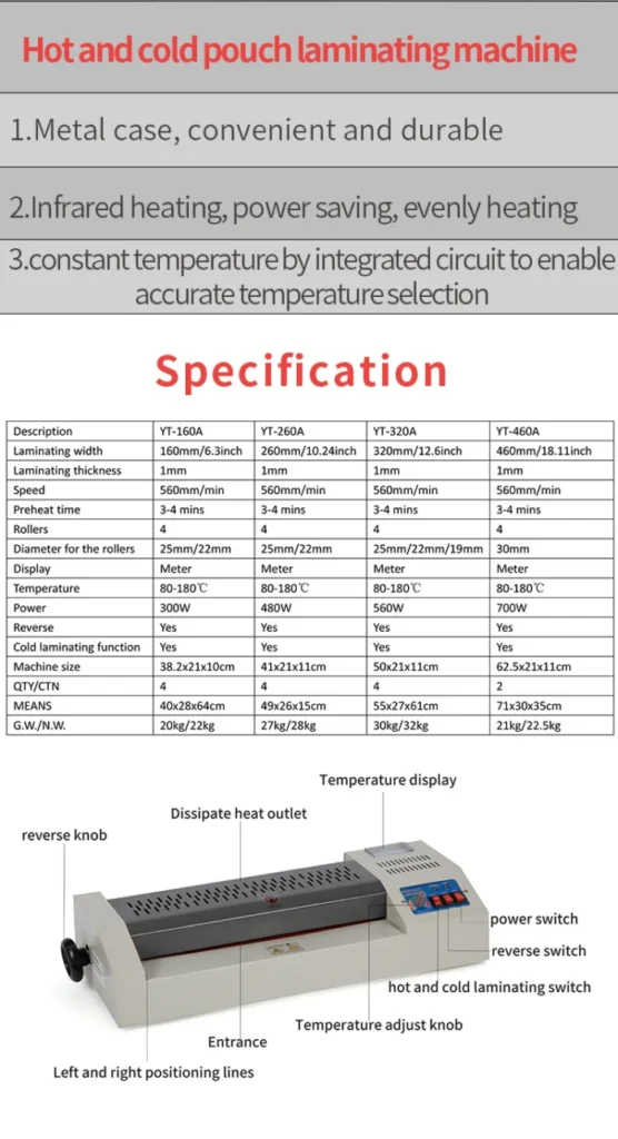Tableau des spécifications de la Plastifieuse YT-330C avec les dimensions et caractéristiques techniques